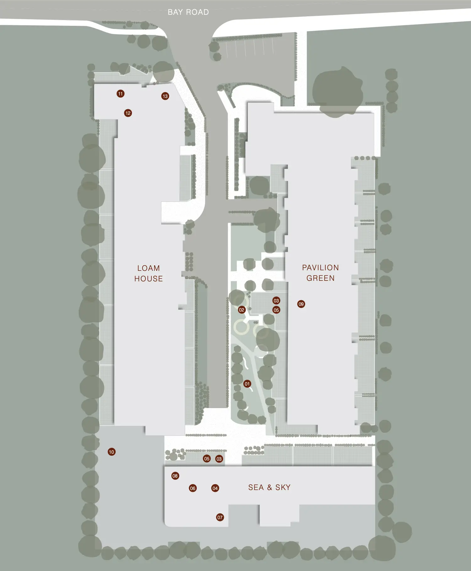 Aerial site plan showing Loam House, Pavilion Green and Sea & Sky buildings between Bay Road and the precinct gardens, with numbered amenity locations