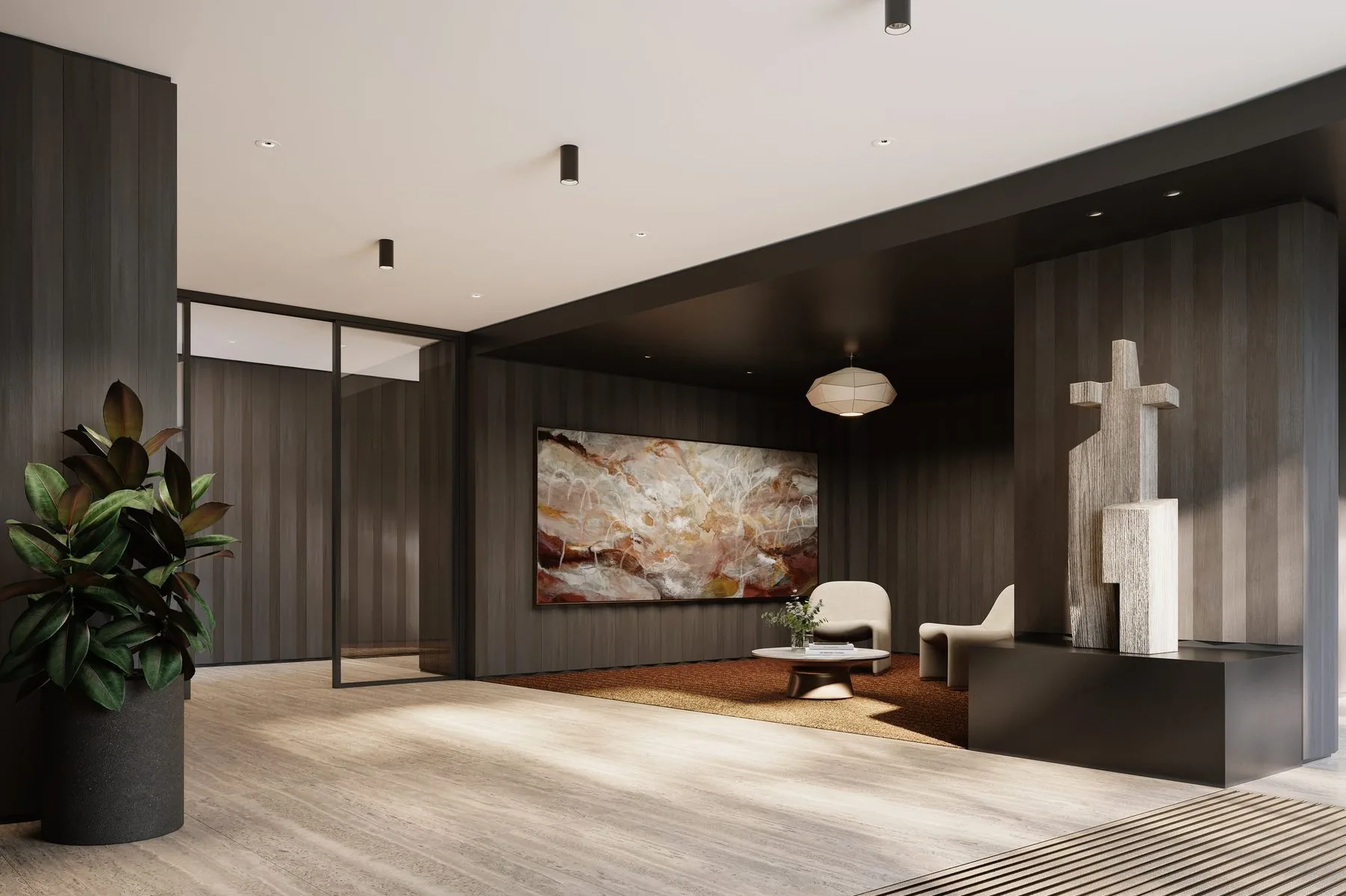 Loam House lobby with commissioned Antoinette Ferwerda artwork